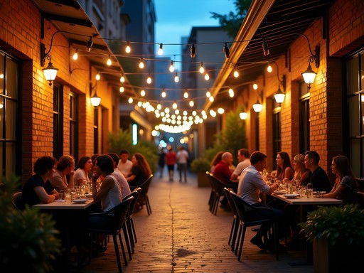 Atmospheric night scene of diners enjoying meals in a Brisbane laneway restaurant with string lights