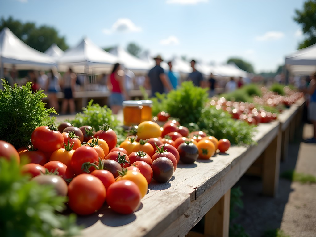 Colorful heirloom tomatoes and fresh vegetables at Brookings Saturday Farmers Market