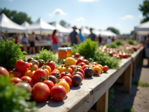 Colorful heirloom tomatoes and fresh vegetables at Brookings Saturday Farmers Market