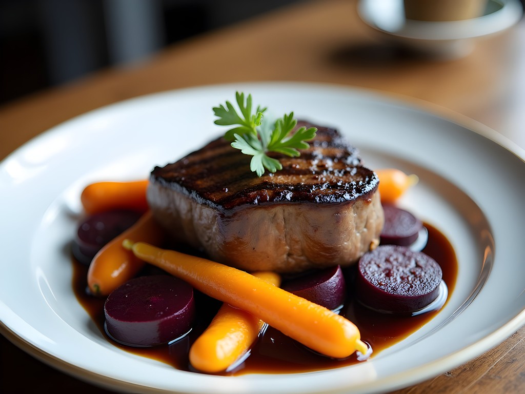 Beautifully plated bison ribeye with roasted vegetables at Cubby's restaurant in Brookings