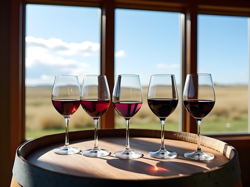 Wine tasting flight at Prairie Berry Winery with prairie landscape view