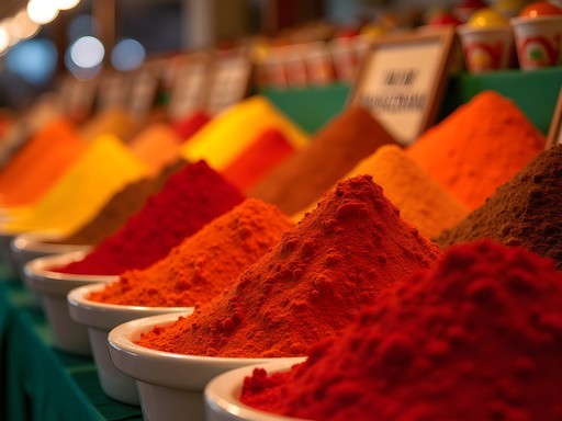 Colorful display of Hungarian paprika varieties at Great Market Hall in Budapest