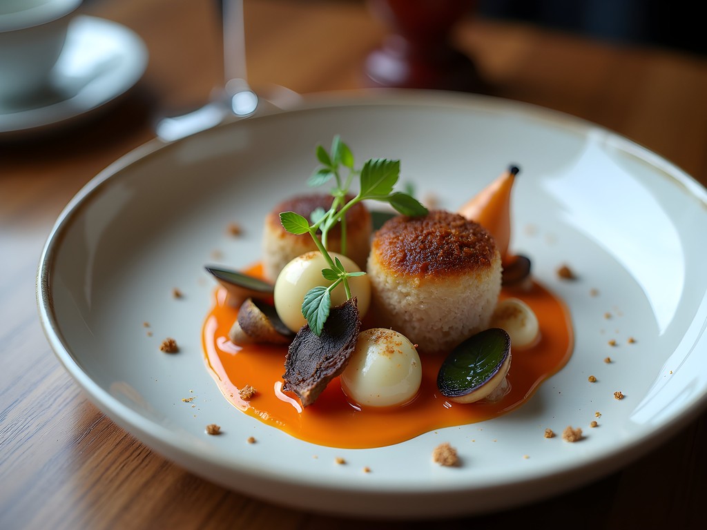 Elegantly plated modern Hungarian dish with traditional ingredients at upscale Budapest restaurant