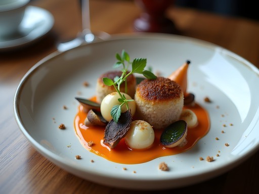 Elegantly plated modern Hungarian dish with traditional ingredients at upscale Budapest restaurant