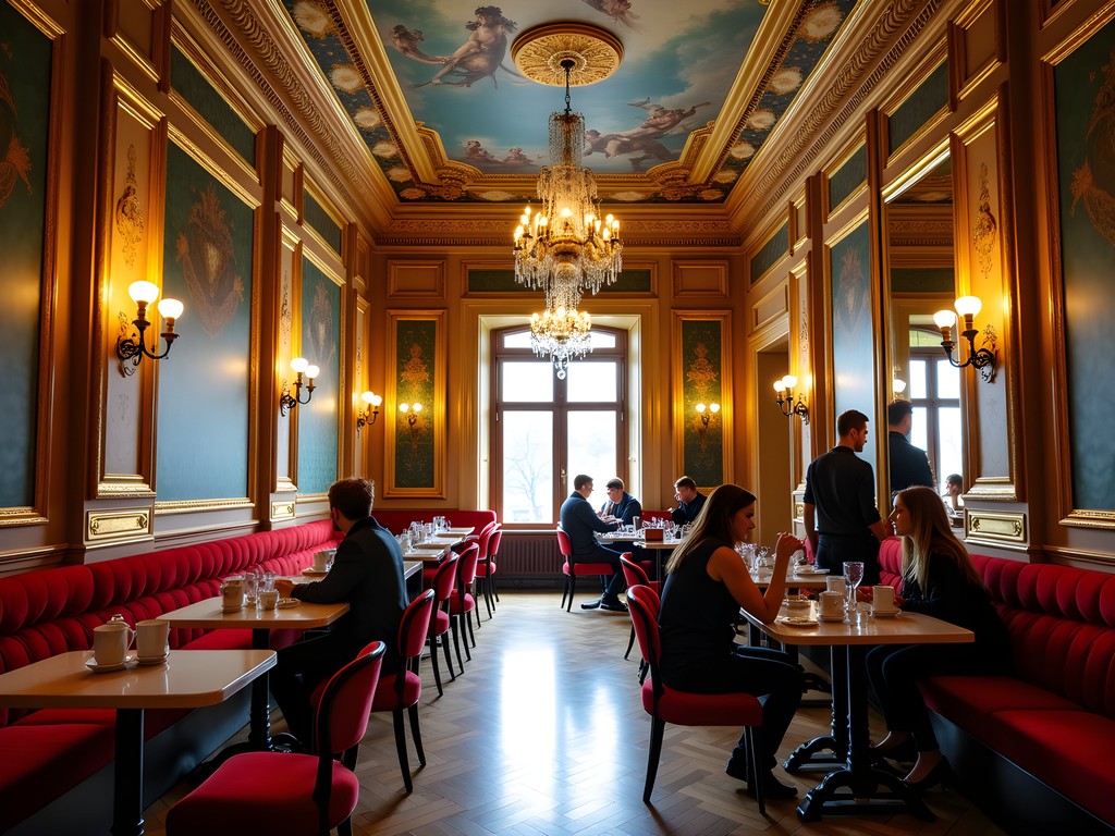 Ornate interior of New York Café in Budapest with baroque ceiling and chandeliers