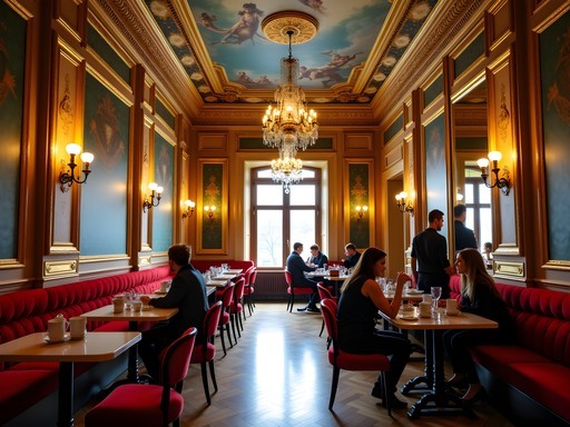 Ornate interior of New York Café in Budapest with baroque ceiling and chandeliers