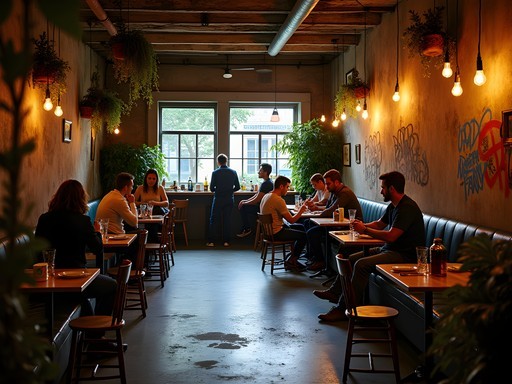 Atmospheric evening scene in a Budapest ruin bar with eclectic decor and warm lighting