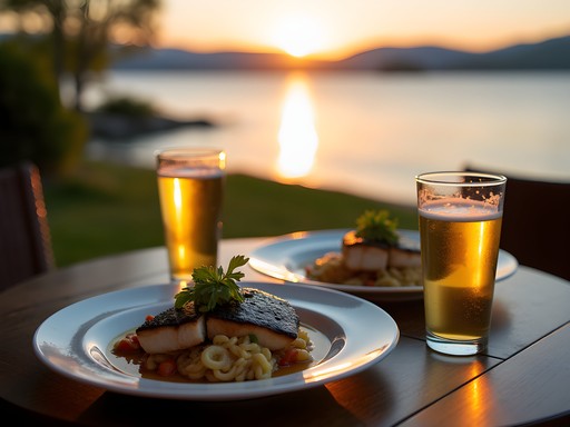 Couple enjoying waterfront dining with Lake Champlain sunset view in Burlington Vermont