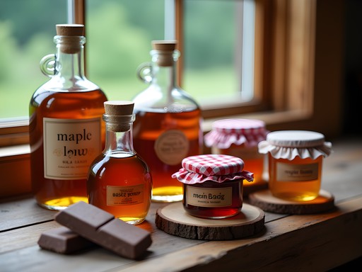Collection of Vermont food souvenirs including maple syrup, honey, and artisanal products from Burlington