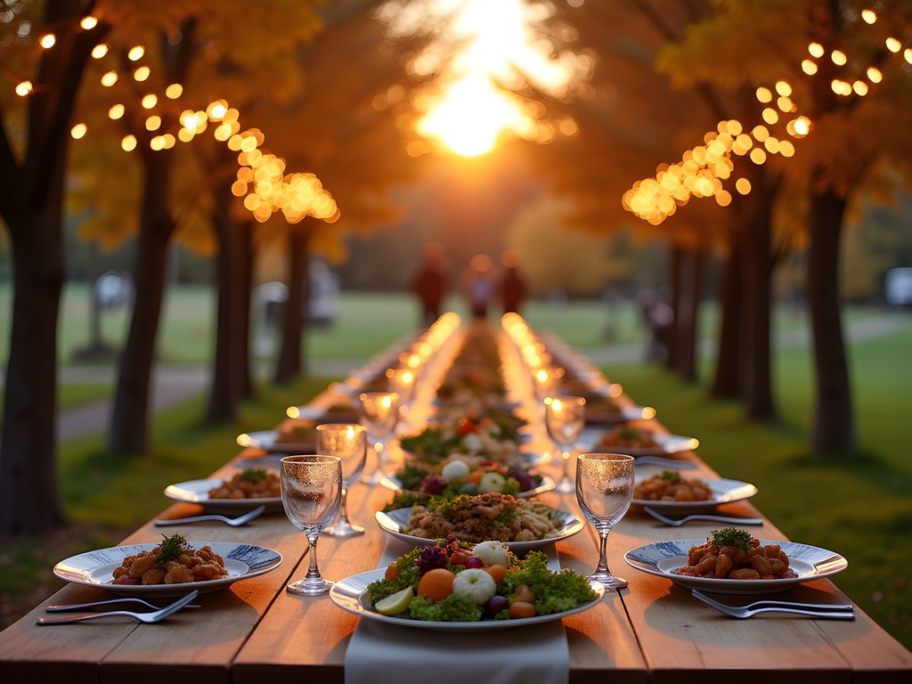 Farm-to-table outdoor dinner with string lights and fall decorations in Burlington Vermont countryside