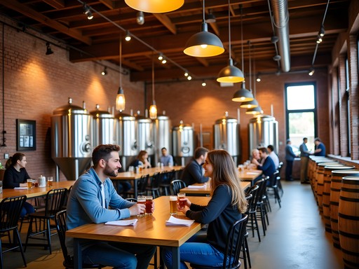 Interior of Burnsville Brewing Company showing renovated dairy with wooden barrels and tasting area