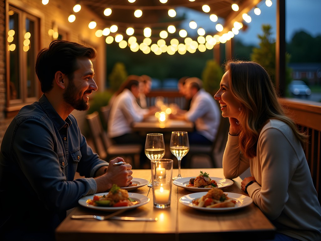 Couple enjoying dinner on a restaurant patio in Burnsville's dining district