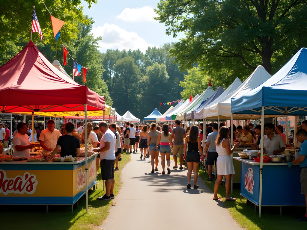 Colorful food stalls at Burnsville Cultural Festival with diverse cuisine offerings