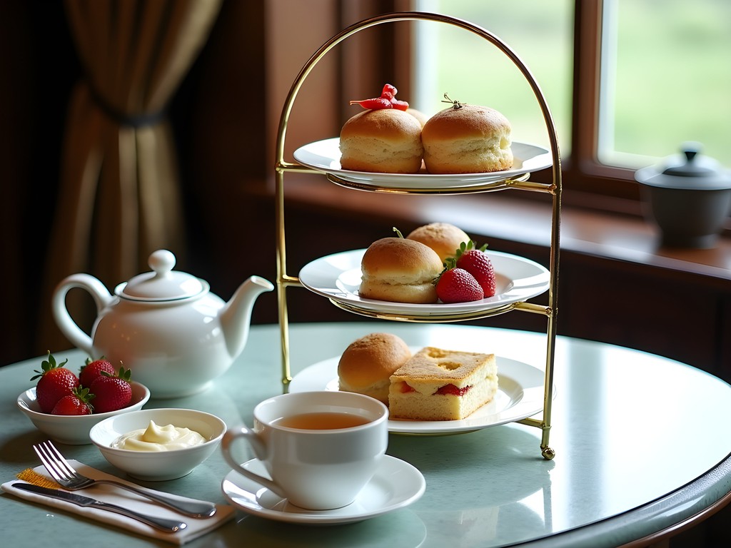 Traditional English afternoon tea with scones, clotted cream and strawberry jam at a Cameron Highlands tea room