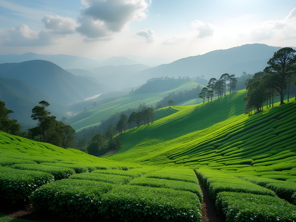 Panoramic view of BOH tea plantation with rolling hills of tea bushes in Cameron Highlands