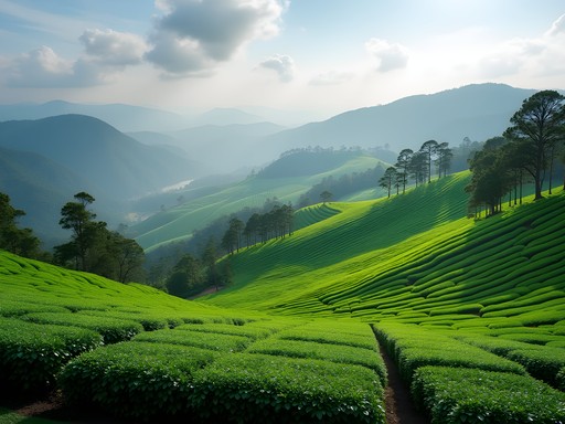 Panoramic view of BOH tea plantation with rolling hills of tea bushes in Cameron Highlands