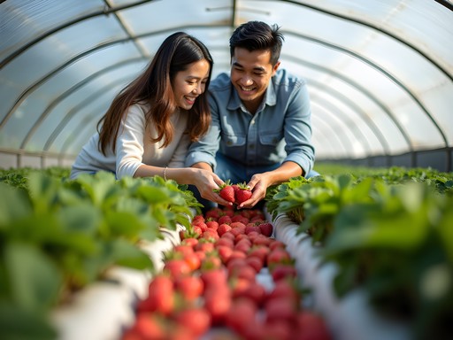Couple picking fresh strawberries at Big Red Strawberry Farm in Cameron Highlands