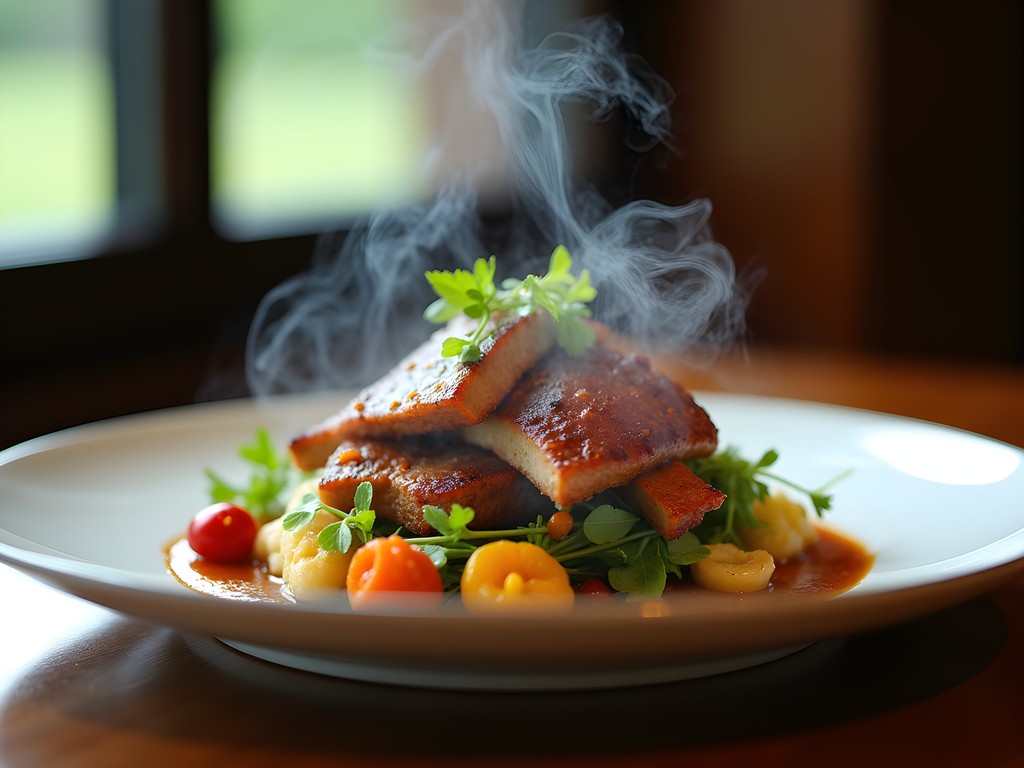 Elegantly plated tea-smoked duck with highland vegetables and edible flowers at Cameron Highlands Resort
