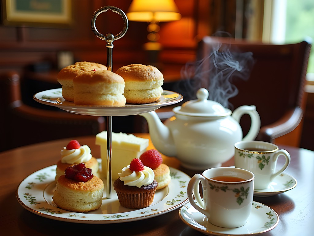 Traditional English afternoon tea with scones, strawberry jam and tea served at The Smokehouse Hotel in Cameron Highlands