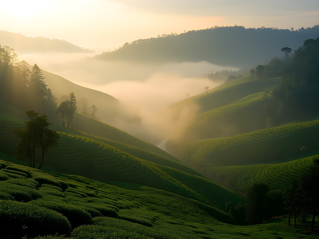 Misty morning view over BOH tea plantation in Cameron Highlands with rolling hills of tea bushes