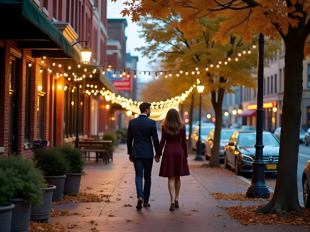Couple walking through illuminated downtown Canton streets in autumn evening
