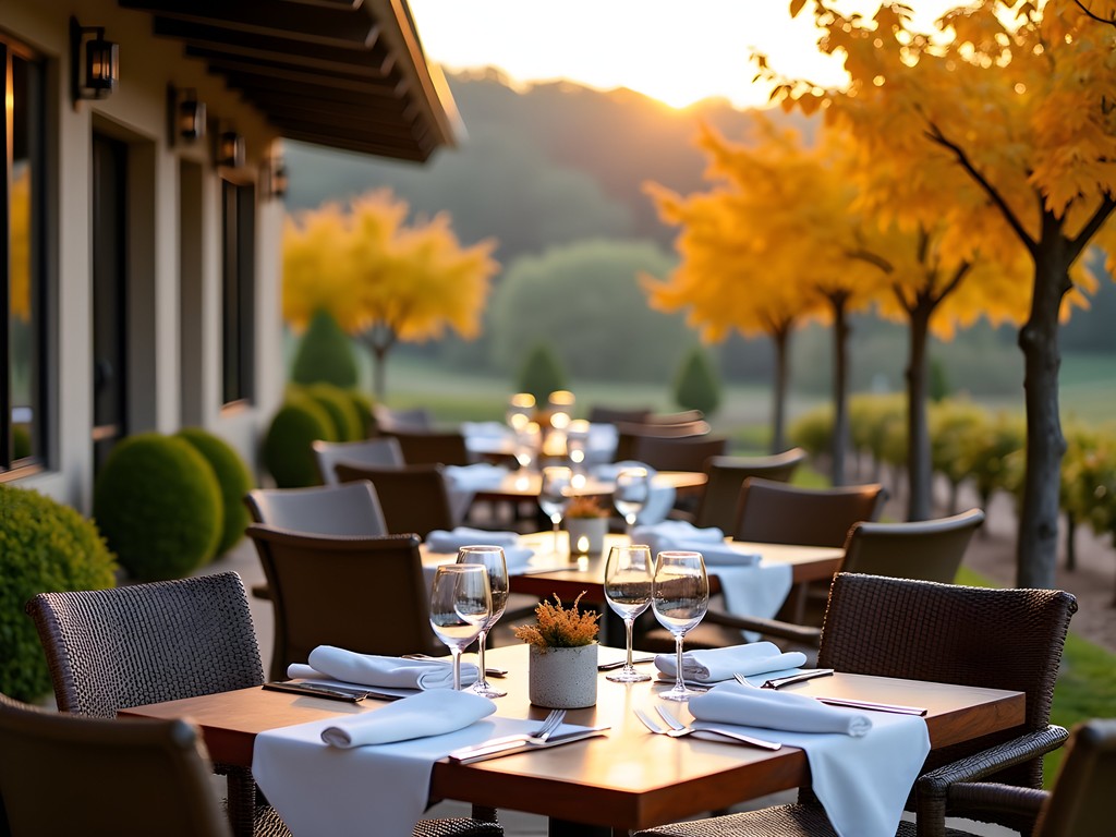 Outdoor dining at Gervasi Vineyard with autumn foliage and wine glasses