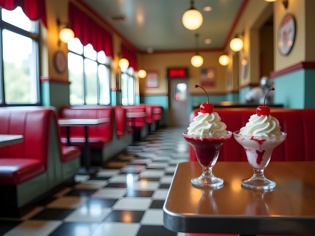Vintage ice cream parlor interior with classic booths and sundae dishes