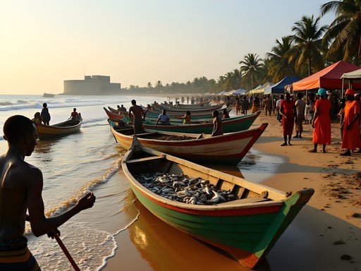 Colorful wooden fishing boats returning to Cape Coast harbor with fresh catch