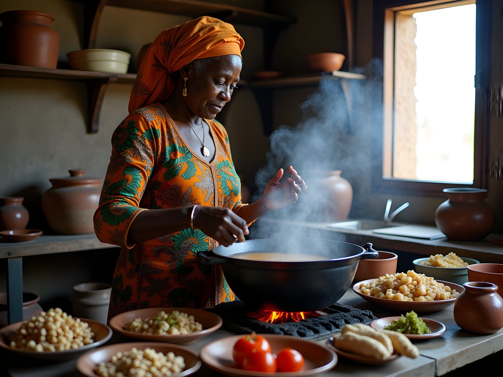 Traditional Ghanaian cooking lesson showing preparation of groundnut soup
