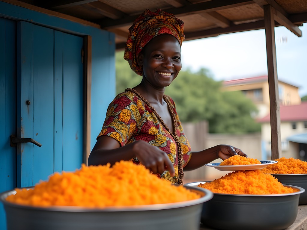 Local woman serving jollof rice from a blue street food kiosk in Cape Coast