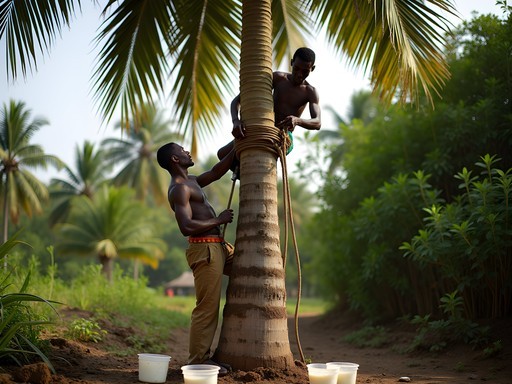 Ghanaian man demonstrating traditional palm wine tapping technique on a palm tree