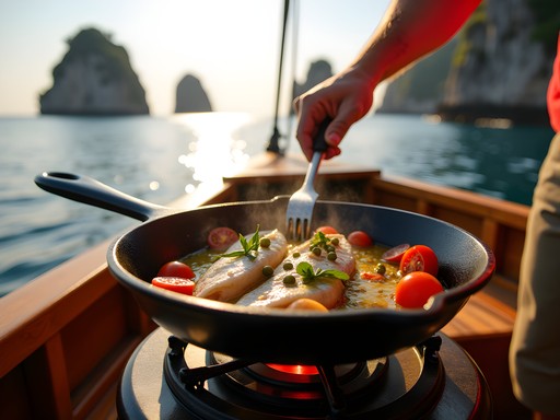 Fresh seafood breakfast being prepared on a traditional wooden fishing boat with Capri's Faraglioni rocks in background