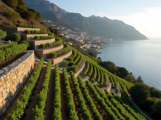 Ancient terraced vineyard in Capri with stone walls and views of the Mediterranean Sea during wine tasting