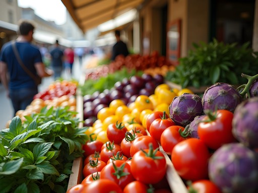 Fresh seasonal produce at Avignon farmers market with historic buildings in background