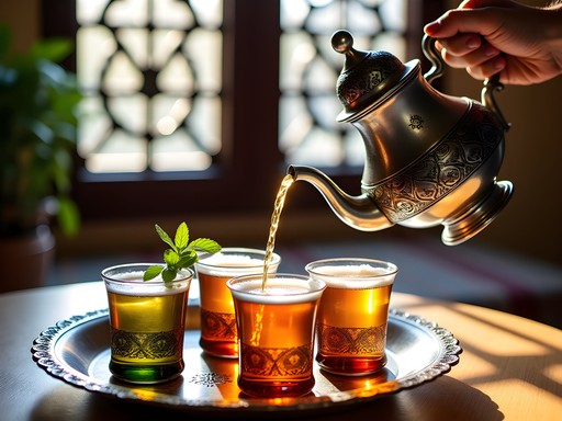 Traditional Moroccan tea being poured from height into ornate glasses