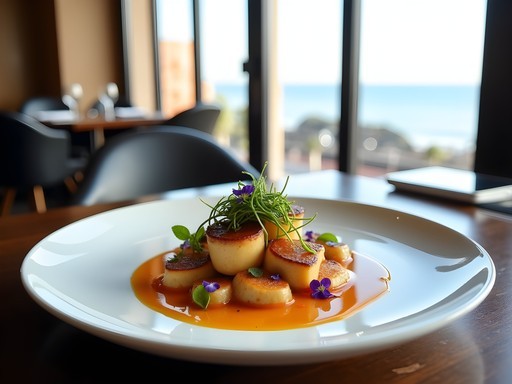 Elegant deconstructed pastilla fusion dish at upscale Casablanca restaurant with Atlantic Ocean view