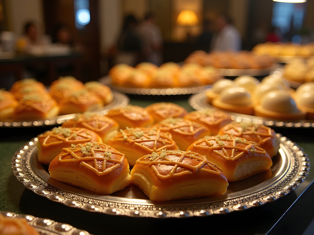 Elaborate display of traditional Moroccan pastries at upscale Casablanca patisserie