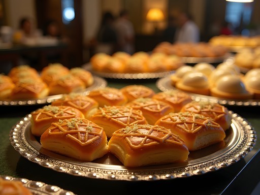 Elaborate display of traditional Moroccan pastries at upscale Casablanca patisserie