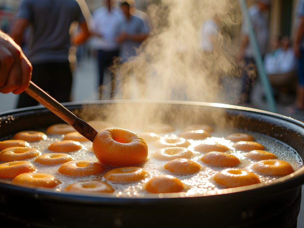 Traditional Moroccan sfenj doughnuts being fried by street vendor in Casablanca old medina