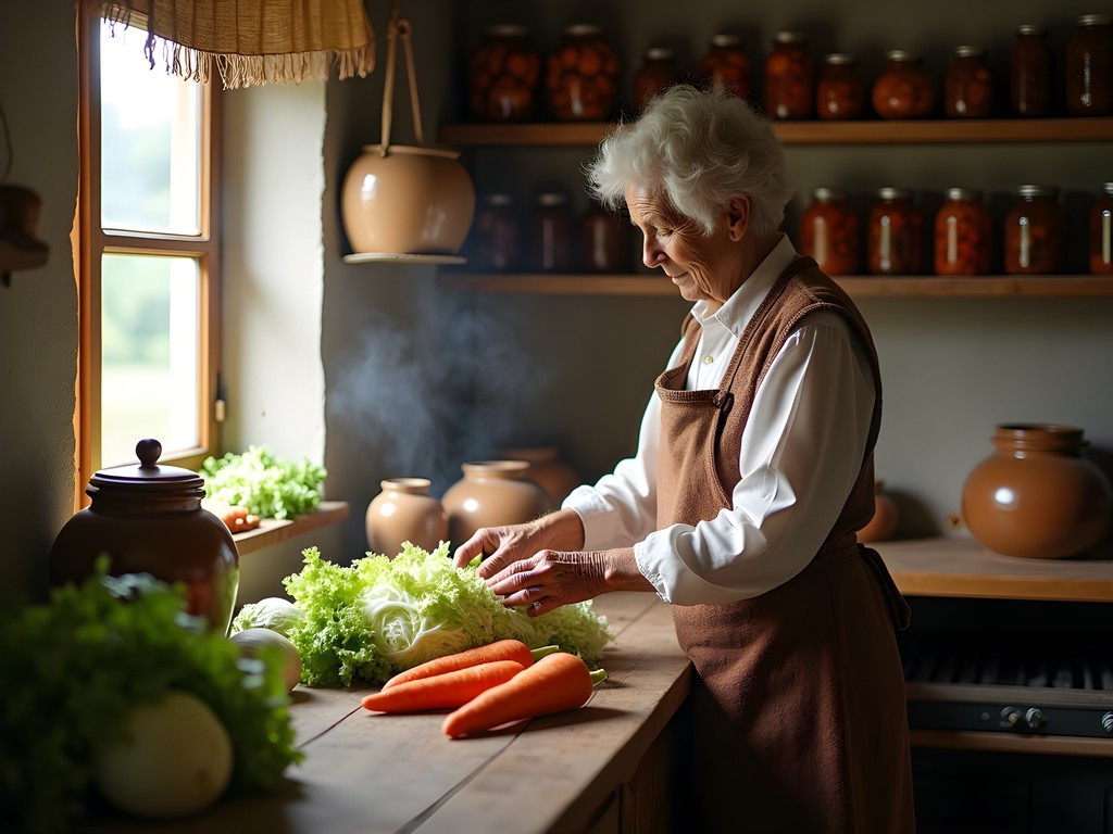 Traditional Latvian fermentation workshop with ceramic crocks and fresh vegetables