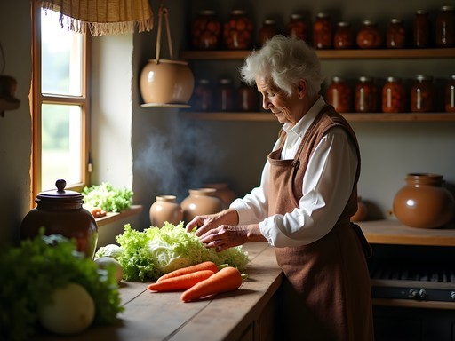 Traditional Latvian fermentation workshop with ceramic crocks and fresh vegetables