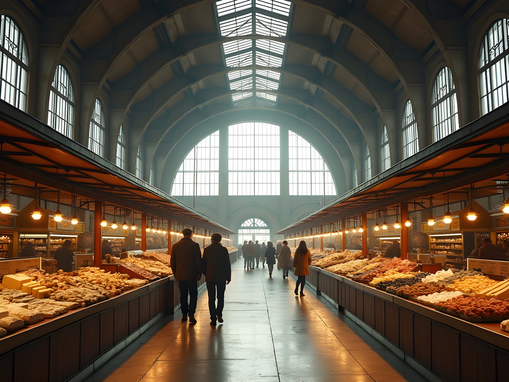 Historic Zeppelin hangars housing Riga Central Market with diverse food stalls
