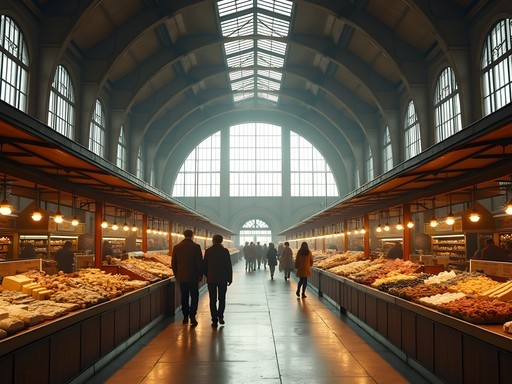 Historic Zeppelin hangars housing Riga Central Market with diverse food stalls