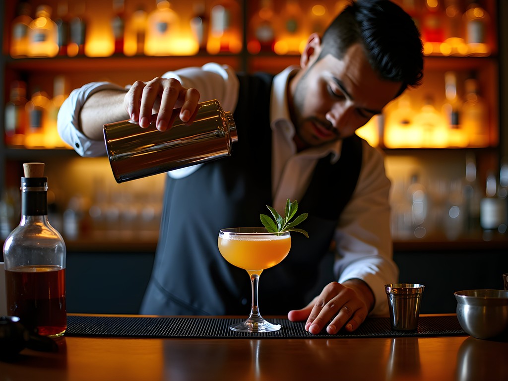 Bartender crafting artisanal cocktail with local ingredients at upscale Charlotte bar