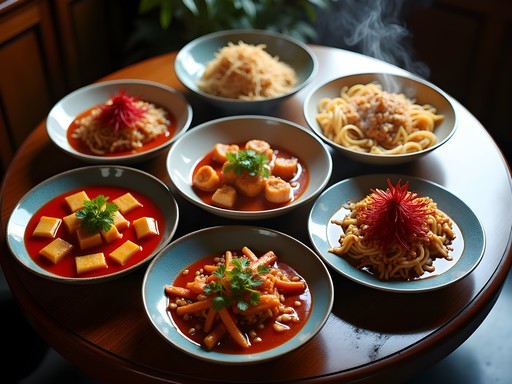 Traditional Sichuan dishes including mapo tofu, kung pao chicken and dan dan noodles