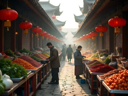 Mother and daughter shopping at morning market in Chengdu examining fresh produce
