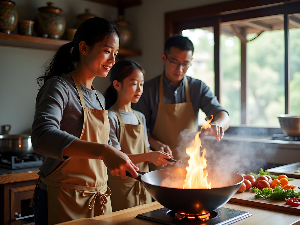 Mother and young daughter learning to cook traditional Sichuan dishes in a cooking class in Chengdu