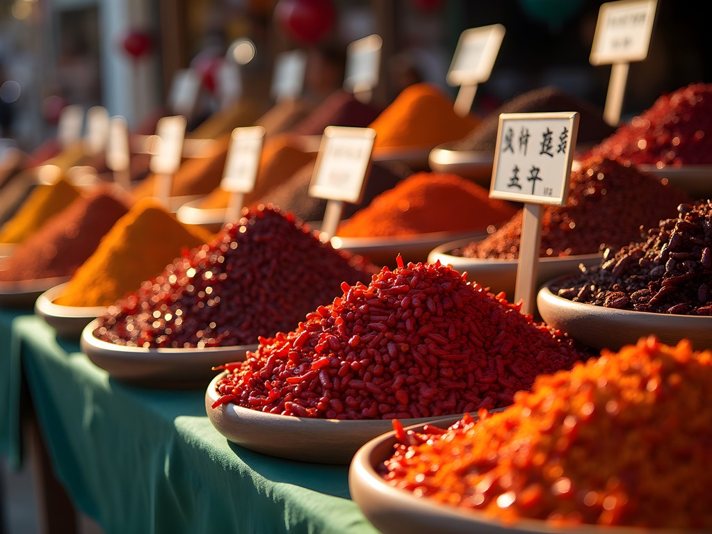 Vibrant display of Sichuan peppercorns and chili varieties at a local Chengdu market