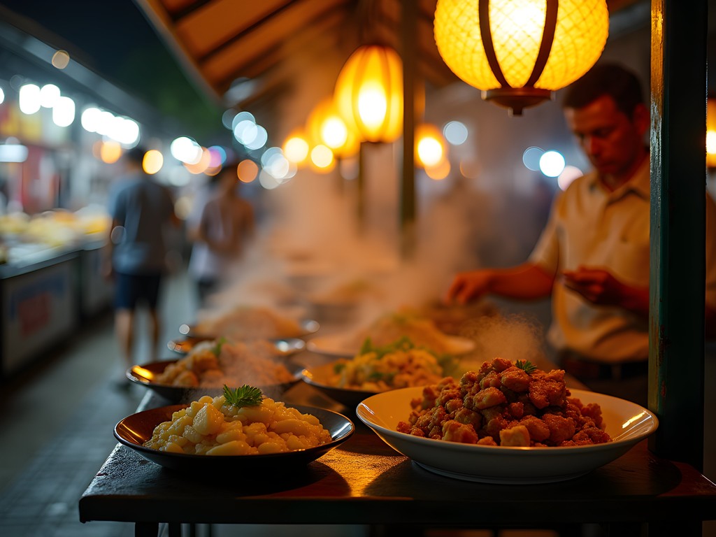 Woman enjoying street food mindfully at Chiang Mai night market with atmospheric lighting