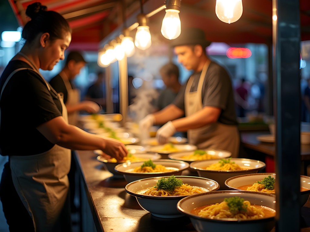 Woman ordering traditional northern Thai khao soi curry noodle soup from street vendor